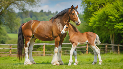 Fototapeta premium Clydesdale mare bonding with playful foal in a pasture, Clydesdale, mare, nuzzling, playful, foal, bonding, pasture, horses, animal
