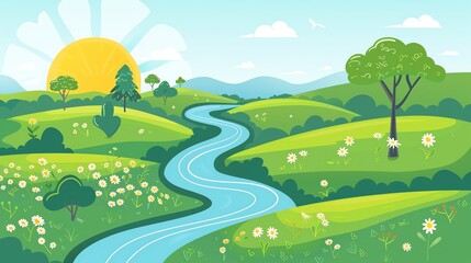 Fototapeta premium A colorful cartoon illustration of a sunny countryside landscape.