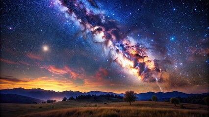 Naklejka premium Beautiful landscape under a starry night sky filled with galaxies and stars, landscape, night sky, stars, galaxy