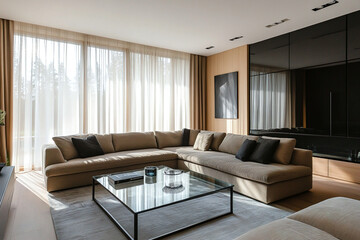 Fototapeta premium A modern Scandinavian interior photo of a residential living room. Generative AI 