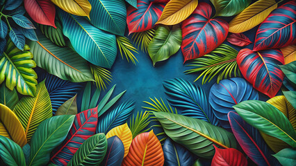 Lush and vibrant tropical leaves in shades of blue, red, yellow, and green create an exotic and colorful pattern, tropical, leaves, vibrant