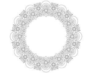 Openwork round frame with gems, Celtic symbols, moons and plants - vector linear drawing for coloring in a magical, elven style. Outline. Frame for creating ornaments, template for creativity.