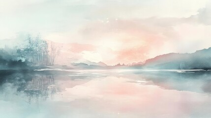 Fototapeta premium A serene watercolor landscape featuring soft hues reflecting on a tranquil lake, surrounded by misty hills and gentle nature.