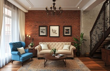  Photorealistic depiction of the interior design of an old rustic cottage with modern furniture, such as a sofa and armchair in beige fabric, a blue velvet chair and a wooden floor. Created with Ai