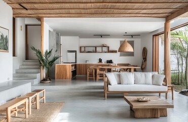  A photo of the interior design of an adobe style house in Tulum, Mexico with white walls and wooden beams on ceiling, featuring natural wood accents like tree stump coffee tables. Created with Ai