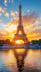 Naklejka premium Eiffel Tower at Sunrise, Paris. Golden Sky Reflection in Seine River, Cityscape Landmark