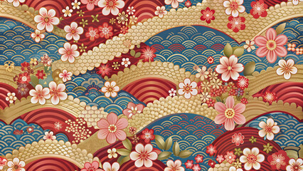 Traditional Japanese seamless pattern with cherry blossoms, waves, and traditional motifs, japanese, seamless
