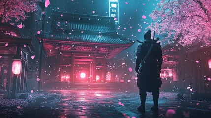 Cyberpunk Samurai Warrior Standing in Front of a Japanese Temple