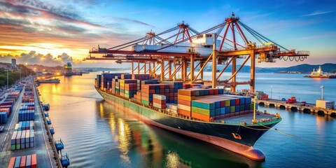 Obraz premium Container ship being loaded and unloaded at a busy cargo shipping port , container ship, cargo shipping, port, loading