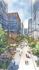 Obraz premium A concept sketch of the city center with modern buildings and green spaces, showcasing sustainable urban development