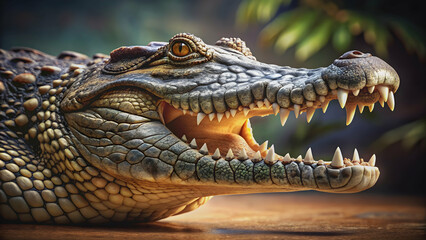 Fototapeta premium Strong crocodile showing detailed scales and sharp teeth, crocodile, reptile, predator, wildlife, powerful, aggressive