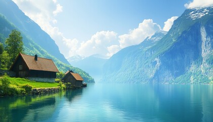 Fototapeta premium Scenic Norway Tranquil Fjord Waters Reflecting Majestic Mountains and Charming Wooden Houses