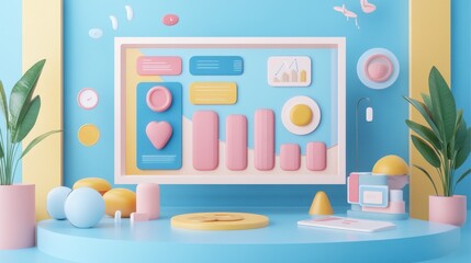 Fototapeta premium A vibrant and colorful digital workspace display featuring charts, graphs, and playful geometric shapes in a modern setting.