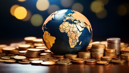 Global Wealth: A Globe Resting on a Pile of Coins Illustrating Financial Themes"