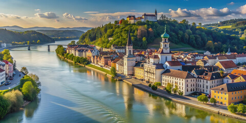 Fototapeta premium Scenic view of Passau Drei Fl?sse Eck where three rivers meet , Passau, Germany, Drei Fl?sse Eck, rivers