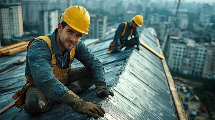 Construction Worker Applying Sealant on a Roof