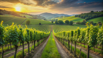 Fototapeta premium Beautiful landscape with rows of grapevines in a lush vineyard , vineyard, agriculture, rural, winemaking, scenic, countryside