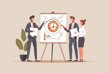 Business team analyzing clock diagram on whiteboard, illustrating time management and strategic planning in corporate setting.