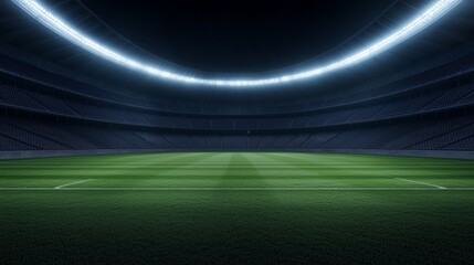 Majestic Night View of Stadium with Bright Lights, Empty Seats, and Field in Photo Realistic 8k High Detail Quality