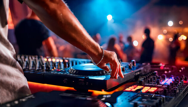 Plano cerrado de DJ animando una fiesta, mientras de fondo las personas bailan animadas