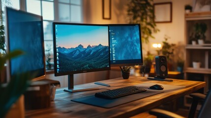 computer desk setup with dual monitors in a warmly lit room, featuring a dark wood finish