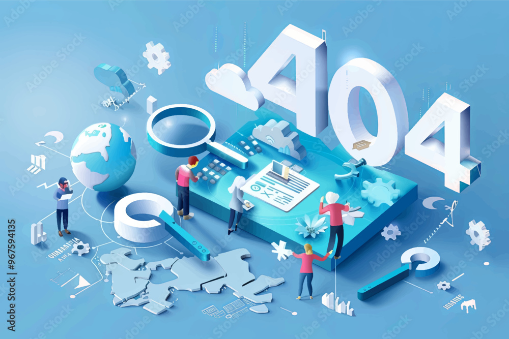 Wall mural creative 404 error page illustration with people working on various elements, representing web desig