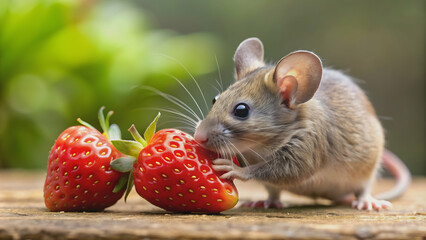 Close-up image of a mouse eating a strawberry, mouse, rodent, animal, eating, fruit, strawberry, close-up, whiskers, fuzzy