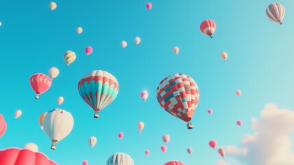 Colorful hot air balloons soar through a clear blue sky during a summer festival at sunrise over an open field