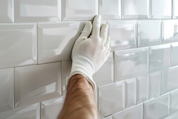Male Worker Master Laying Ceramic Tiles on the Wall of Kitchen. Repairman Placing White Modern Tiles, Spreading Adhesive. Builder Installing Tile at Repair Renovation Work. Professional Tiling.