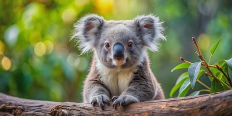 Adorable koala bear cub in the wild , wildlife, cute, baby animal, eucalyptus, fur, Australian, marsupial, tree, native