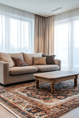 Fototapeta premium A modern minimalist interior of a modern Polish house with beige sofas and cushions and a table on the rug. Generative AI