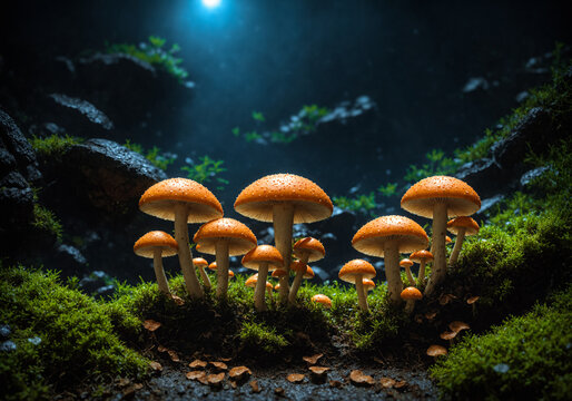 A cluster of mushrooms illuminated by light, growing inside of the secret deep cave. Specific microclimate, creating a magical and enchanting scene. Psychedelic trip into magical world of nature