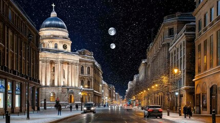 Fototapeta premium Under a radiant full moon, the Cathedral of St. Petersburg glows as snowflakes dance through the air, while couples stroll along warmly lit streets blanketed in snow