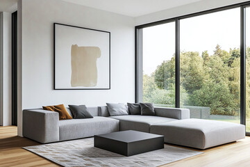 Modern interiors of Polish houses with sofas and tables on rugs, art frames hanging on white walls and large windows. Generative AI
