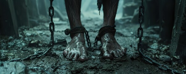 Barefoot man with shackles in a dark, misty environment, evoking captivity. Free copy space for text.