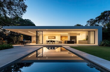 A contemporary, luxury home in Sydney's Northern Beach Sylvan Hills with an infinity pool and large windows overlooking the lush greenery. Created with Ai