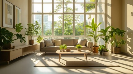 Fototapeta premium A spacious and inviting minimalistic living room filled with natural light streaming through large, grid-patterned windows.