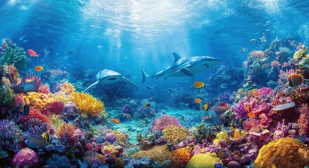 Fototapeta premium Underwater Paradise: Sharks, Corals, and a Colorful Ocean