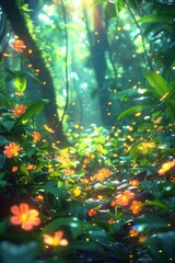 A vibrant, enchanted forest filled with glowing flowers and lush greenery, evoking a sense of tranquility.