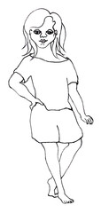 The silhouette of a plump pretty girl with lush short hair and barefoot. Isolated cartoon graphic draw. Funny stylized sketch of a cute summer female portrait. People in life. Flat simple human image.
