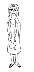 The silhouette of a thin rural looking young girl with long thick braids. Isolated black and white graphic draw. Funny stylized sketch of a summer female portrait. People in life. Flat human image.