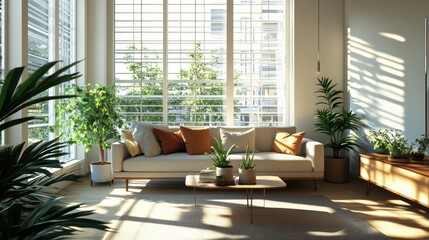 Fototapeta premium A spacious and inviting minimalistic living room filled with natural light streaming through large, grid-patterned windows.