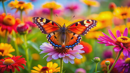 Naklejka premium Macro shot of a vibrant butterfly on a colorful flower in a blooming meadow, butterfly, flower, nature, close-up, vibrant