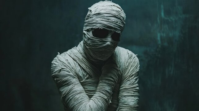 A person wrapped in torn white bandages, posing as a Halloween mummy in a dimly lit room