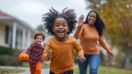 Carefree African American siblings running joyfully to trick-or-treat, with their parents waving at them in the background