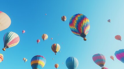 Obraz premium Colorful hot air balloons drifting in a clear blue sky during a sunny day at a vibrant festival