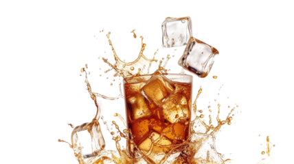 Explosion and Splash Soft drink with Ice Cubes from glass isolated on png background.