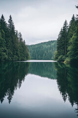 A serene lake nestled among tall pine trees reflecting the tranquil beauty of nature on a cloudy day