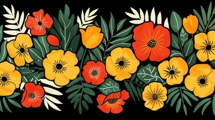 A vibrant floral pattern featuring various colorful flowers and leaves on a dark background.