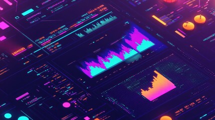A vibrant, futuristic data visualization featuring colorful charts and graphs on a sleek digital interface.